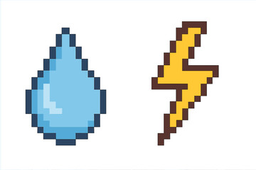 Pixel art water drop and lightning bolt icon set. 8-bit retro video game style weather and energy symbols. Vector illustration elements for gaming assets or graphic design.