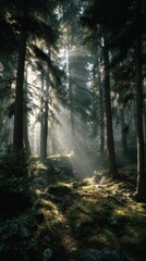 Obraz premium Sunlight piercing misty forest