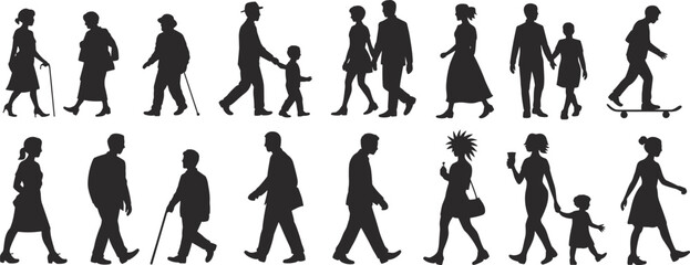 People walking silhouettes, family, children, elderly, and business figures in motion, lifestyle vector illustration for urban street design elements