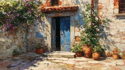 Old stone building entrance with blue door