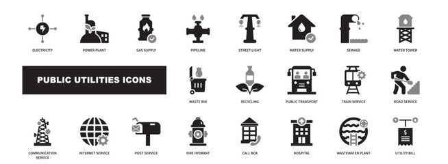 Public utilities icon set. Featuring water, electricity, gas, waste, internet, and infrastructure icons. Glyph icon collection.