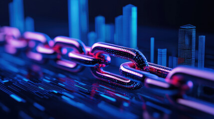 Futuristic skyline with glowing chain symbolizes business finance security and innovation in digital cityscape at night