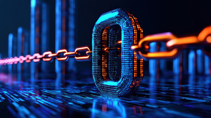 Futuristic skyline with digital chain symbolizes business and finance innovation in vibrant technology driven environment