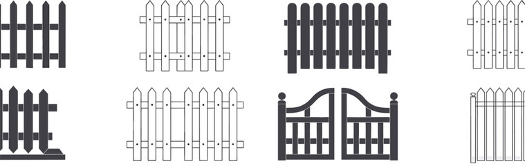 Fence and gate icon set, architectural design elements, picket styles, privacy barrier graphics, landscaping illustration, vector collection, outdoor structure concept, home exterior symbols