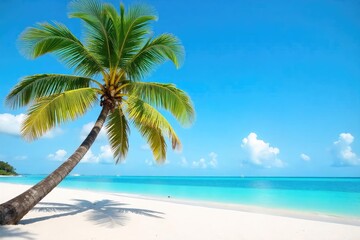 A picturesque coconut tree on a tropical beach, gently swaying in the breeze, with clear blue ocean in the background, perfect for travel and vacation imagery , coastline, clouds