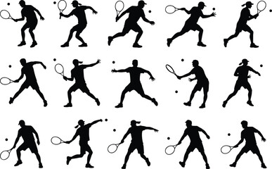 Tennis player silhouettes, dynamic sport action, racket and ball, athletic figures, outdoor exercise, competition, fitness training, game movement, sports performance
