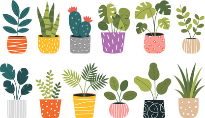 Flat minimalist houseplants illustration, decorative potted indoor plants, tropical greenery clipart, colorful vector plant set for modern design.