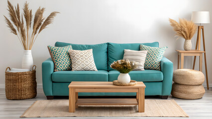 Serene teal sofa living room scene with plush cushions and natural accents