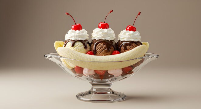 A classic banana split served in a long glass dish with three scoops of ice cream (vanilla, chocolate, strawberry), topped with chocolate sauce, whipped cream and cherries