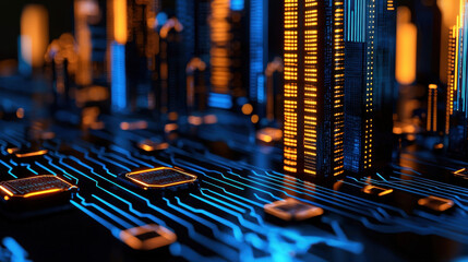 Fototapeta premium Futuristic skyline with glowing buildings and circuit lines represents business and finance innovation in digital cityscape