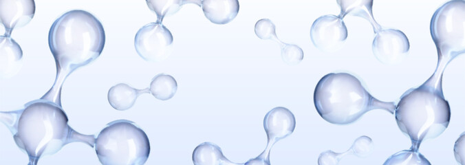 Chemical atom 3d molecular structures with transparent blue spheres and connecting bonds for scientific design. Abstract molecules float on white background for education or research presentation.
