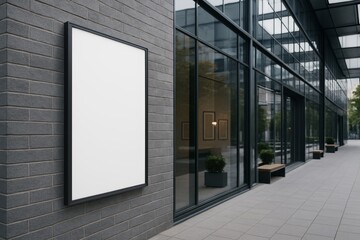 Blank vertical advertising mock up frame on dark brick wall beside modern glass office building corridor with benches and small green plants outdoors. Ai generative