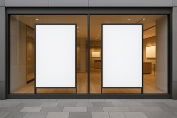 Blank storefront window mock up with two large white vertical posters in black frames on glass facade of modern retail store interior with wood floor. Ai generative