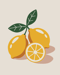 Lemon branch abstract contemporary poster. Summer tropical fruit poster. Botanical wall art design. 