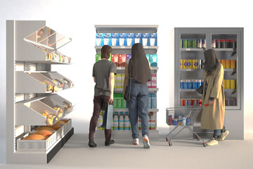 People shopping for food in a grocery store.