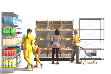 Several customers browse milk bread and empty shelves in a supermarket.
