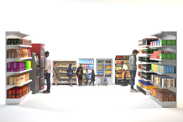 Shoppers browsing different products inside a supermarket with diverse shelves.
