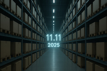  Futuristic warehouse aisle of parcels with neon 11.11 2025 — logistics and fulfillment background for Singles’ Day e-commerce
