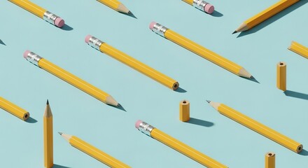 Scattered yellow pencils with pink erasers on a light blue backg