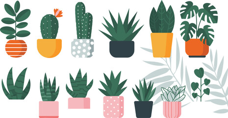 Minimalist flat illustration of twelve indoor houseplants in decorative pots, modern greenery, botanical sticker set, home garden plant decor.