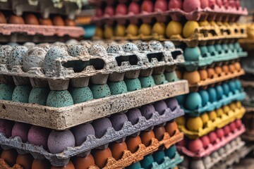 Colorful stacks of eggs in cardboard trays, variety of painted colors, fresh produce