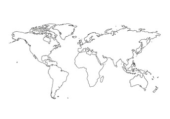 A blackandwhite line drawing of a world map with continents outlined