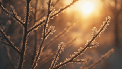 Obraz premium Serene frosty branches at sunrise.