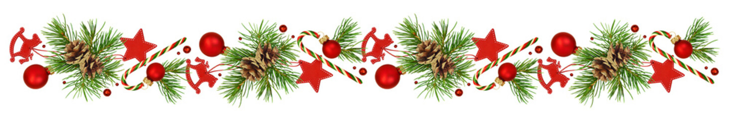 Christmas arrangement with green spruce twigs, red painted wooden decorations, candies and balls isolated on white or transparent background. Loopable pattern.