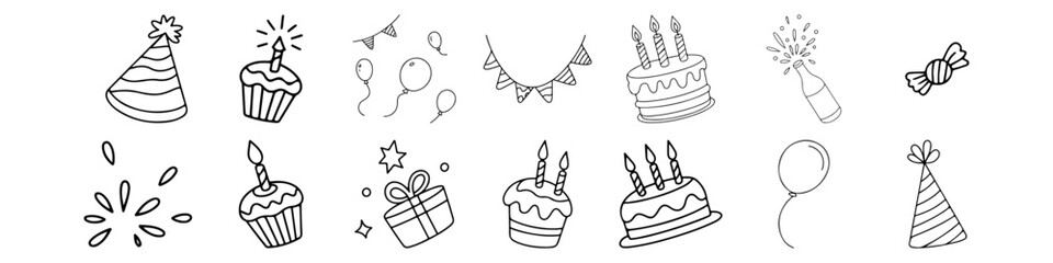 Obraz premium A set of hand drawn party doodles. Celebration elements like cake, gifts, balloons, and confetti for birthdays and festive events.