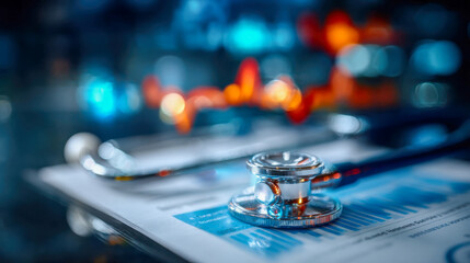 Stethoscope resting on colorful medical charts with blurred digital data background