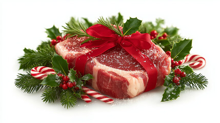 Festive culinary delight: A mouthwatering steak artfully presented as a holiday gift, adorned with a vibrant red bow and festive embellishments.