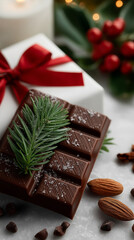 Festive Chocolate Delight: A beautifully composed shot of a chocolate bar adorned with a sprig of evergreen, gift box, red bow, cinnamon, and almonds, evokes the joy and sweetness of the season.