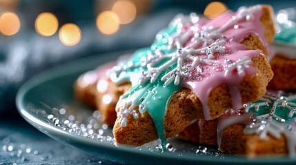 Festive snowflake-shaped gingerbread cookies decorated with icing and sugar crystals on a holiday plate