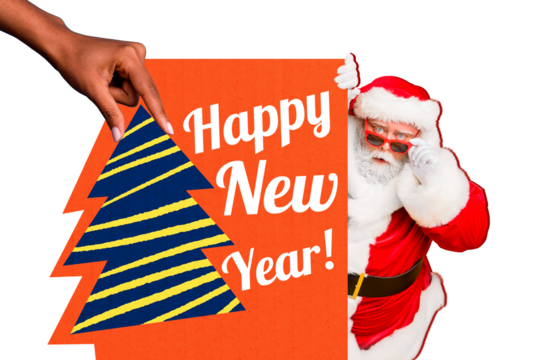 Composite photo collage of astonished old santa claus peek greeting postcard letters hand hold new year tree isolated on painted background