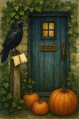 Autumn Visit with Pumpkins and Crow
