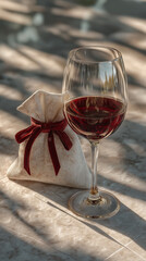 Wine Glass and Gift Bag: A crystal wine glass, filled with rich red wine, sits beside a delicate gift bag tied with a vibrant red ribbon, creating an atmosphere of refined elegance.