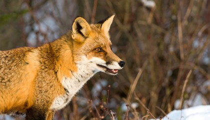 Red Fox Standing Alert in a Snowy Winter Forest.
