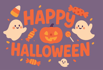 Cute Cartoon Halloween Vector with Smiling Ghosts, Pumpkin, Candy, and Pastel Colors