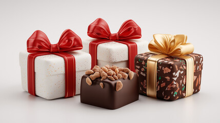 Gift Boxes with Bows: A vibrant collection of meticulously arranged gift boxes, each adorned with a beautifully crafted bow. The boxes showcase a range of festive colors.