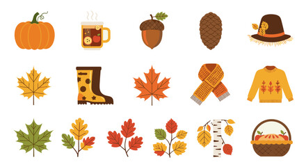 Autumn vector illustration icon set with pumpkin, leaf and cozy pie isolated on transparent background