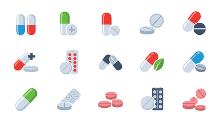 Medicine pills and capsules health icons. SVG vector illustration isolated on transparent background.