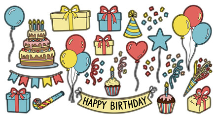 Fototapeta premium Set of cartoon birthday party stickers with cake and gifts isolated on transparent background svg