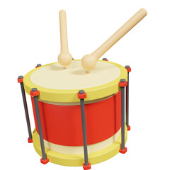 Red Drum with Yellow Accents and Two Drumsticks on Transparent Background Musical Instrument Isolated