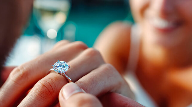 Man placing a diamond engagement ring on his bride finger, close-up view