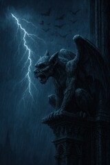 Winged Sentinel Under Rain and Lightning