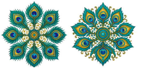 Peacock Feather Mandala Rangoli Art - Intricate Teal and Gold Indian Decorative Design