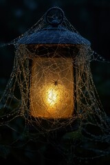 Spiderweb-Covered Lantern in the Dark
