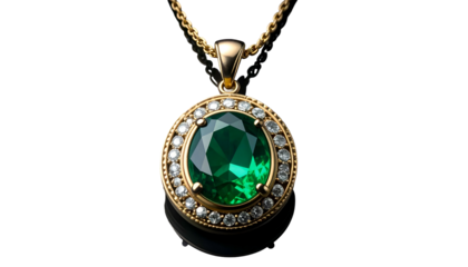 Golden necklace with emerald pendant, diamond halo. Elegant jewelry
