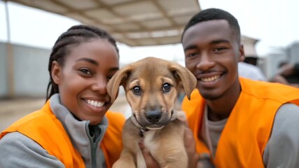 Cinematic footage of volunteers celebrating their successful animal rescue mission, highlighting teamwork, joy, and the impact of community service.