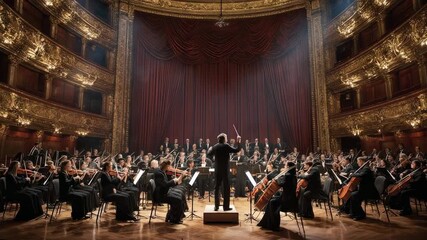 Orchestra Performing on Stage Illuminated by Spotlight with Golden Decorations and Red Curtain